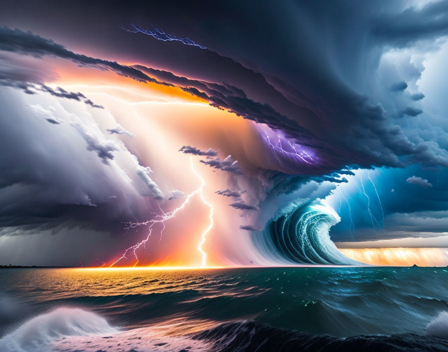 Dramatic ocean scene with massive wave and lightning bolts