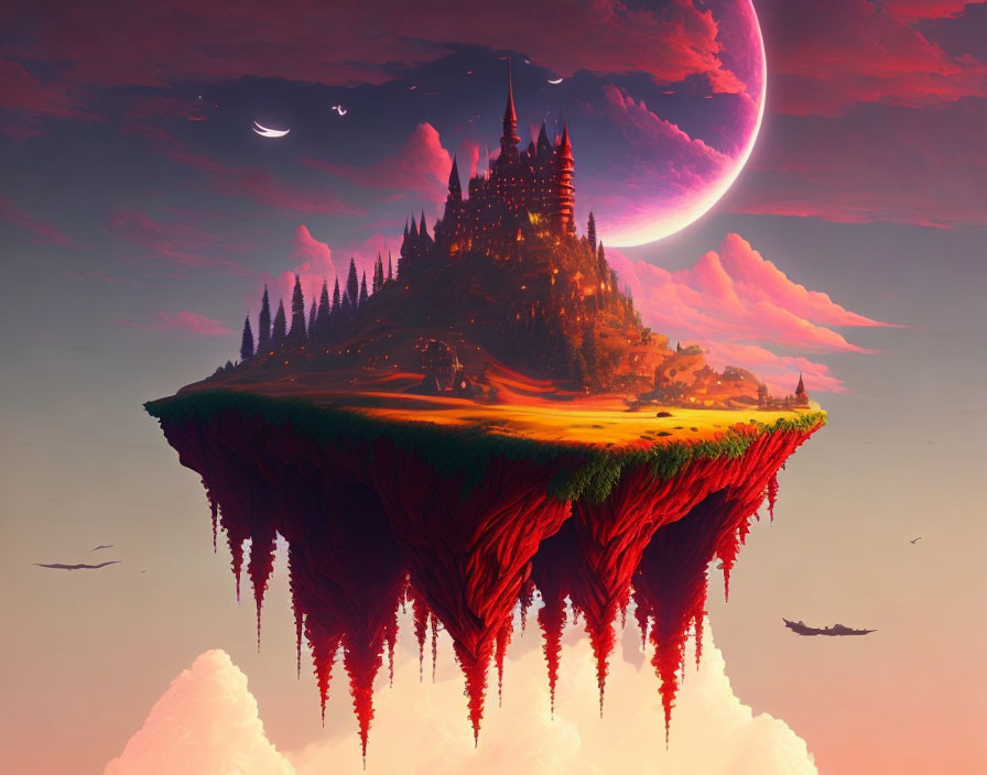 Floating island with castle, trees, waterfalls, and pink moon in twilight sky