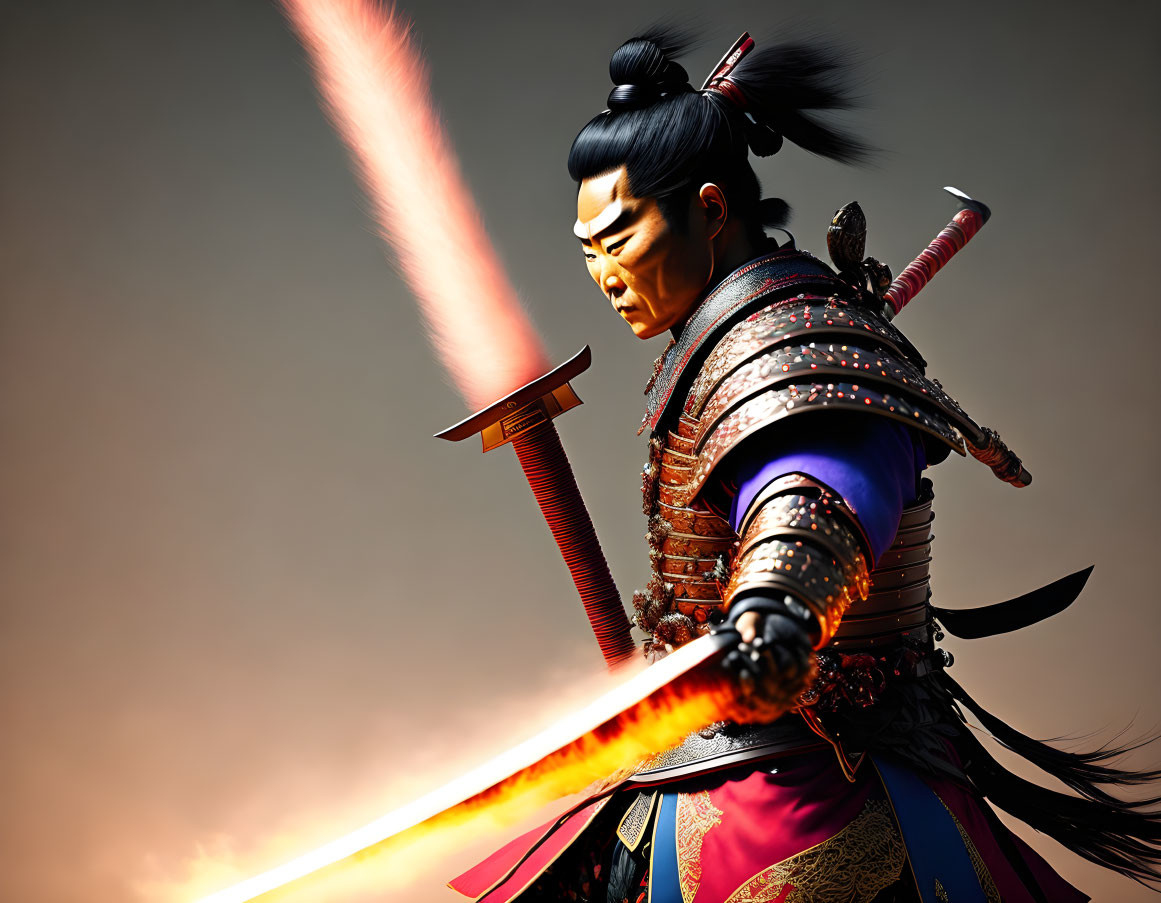 Animated warrior in traditional armor wields glowing sword under dramatic sky