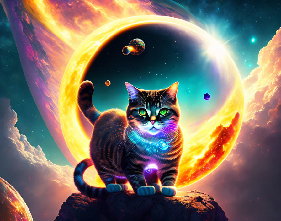 Colorful Cat Artwork with Cosmic Collar and Celestial Background