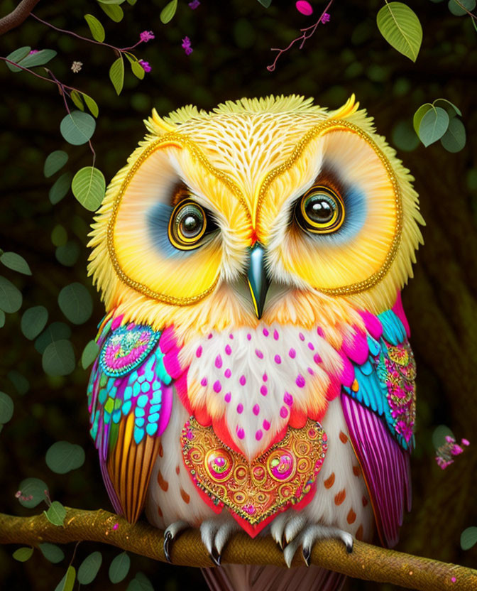 Colorful Stylized Owl Artwork with Intricate Patterns and Vibrant Colors