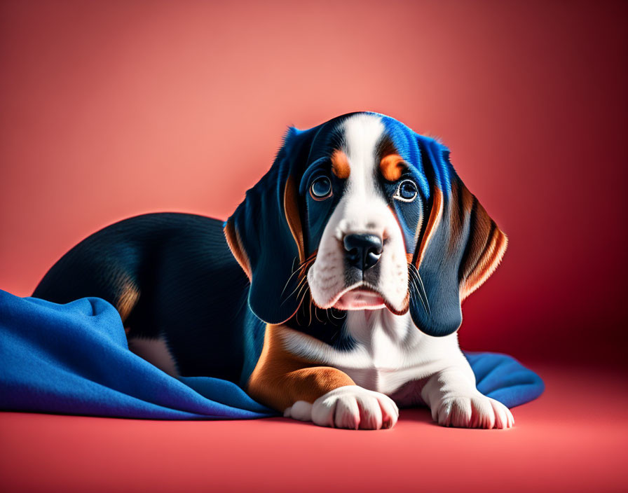 Adorable Beagle Puppy with Sad Expression on Blue Fabric against Red Background