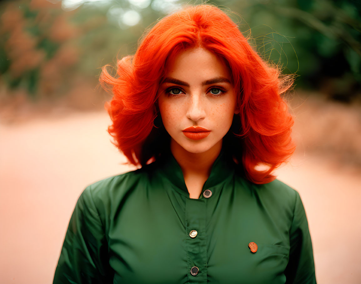 Red-haired woman with green eyes in green shirt on orange backdrop