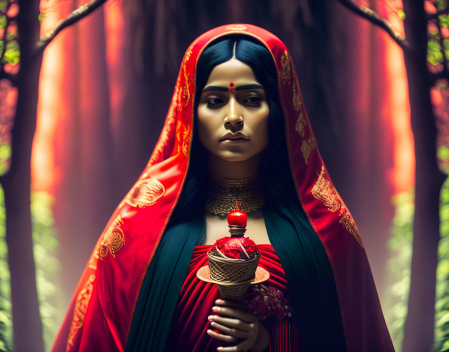 Woman in red veil and traditional attire standing solemnly in forest