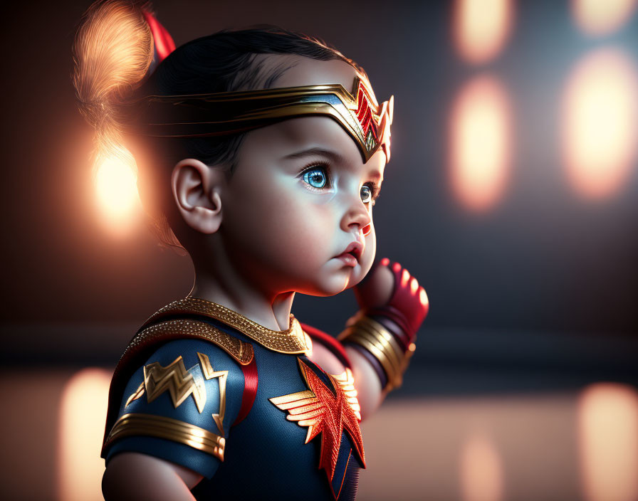 Toddler in Wonder Woman costume under dramatic lighting