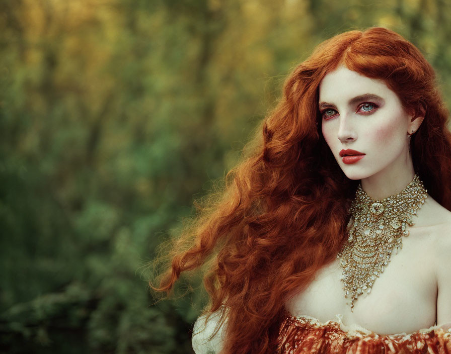 Red-haired woman with green eyes in golden jewelry on blurred natural backdrop