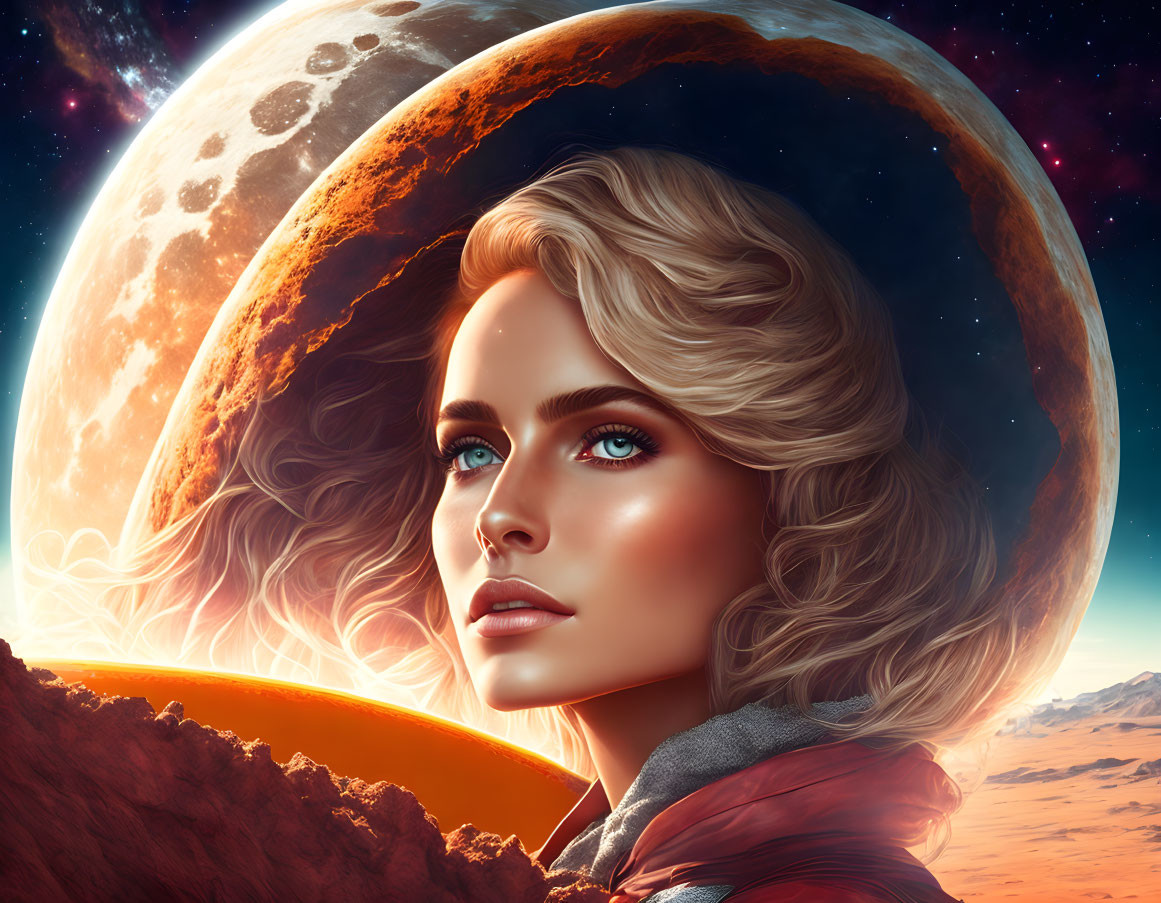 Blonde Woman with Blue Eyes in Moonlit Mars Landscape