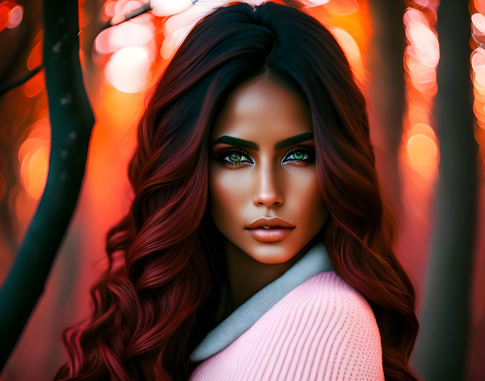 Digital Artwork: Woman with Green Eyes and Red Hair in Pink Sweater, Autumnal Background