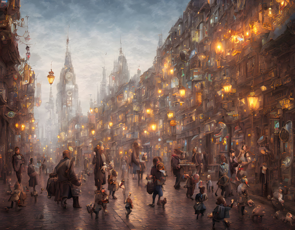 Fantastical city street with gothic architecture and enchanted ambiance