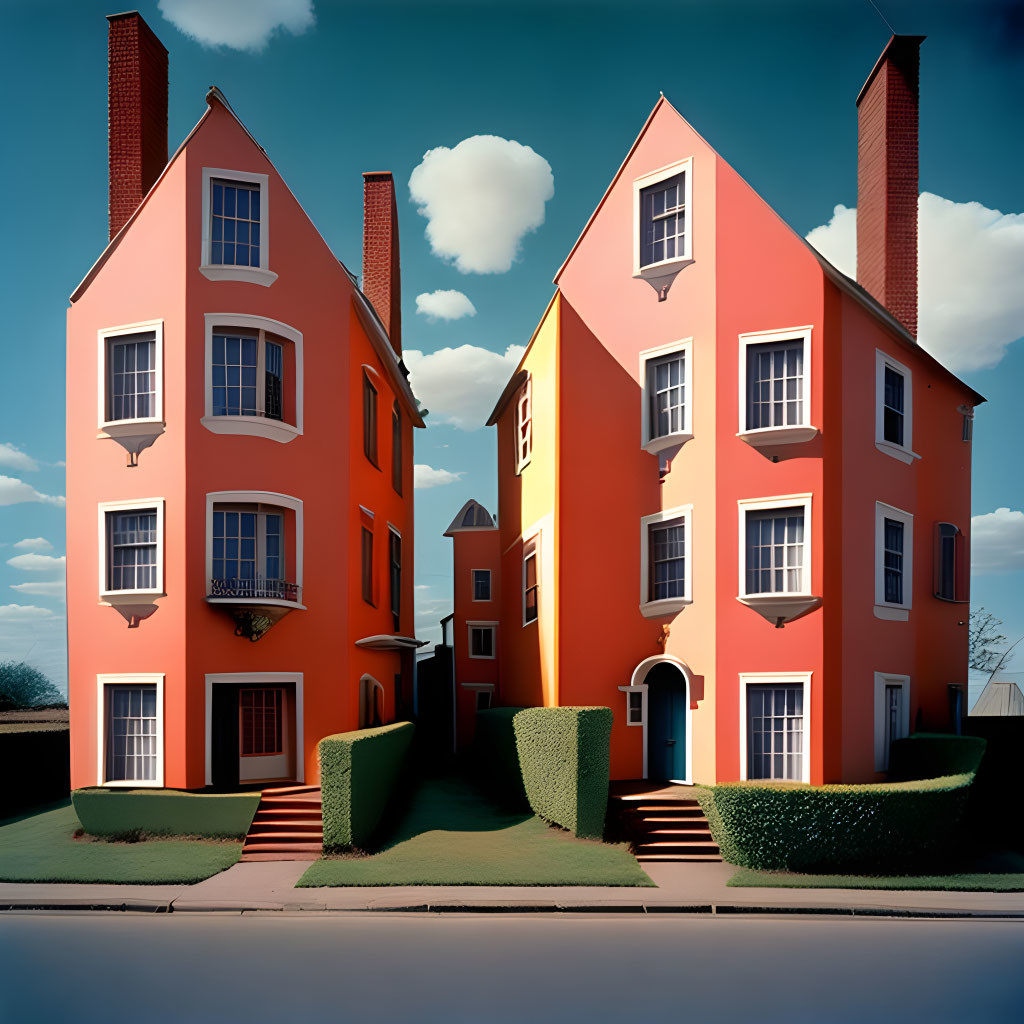 Symmetrical digital artwork: Twin red houses under blue sky