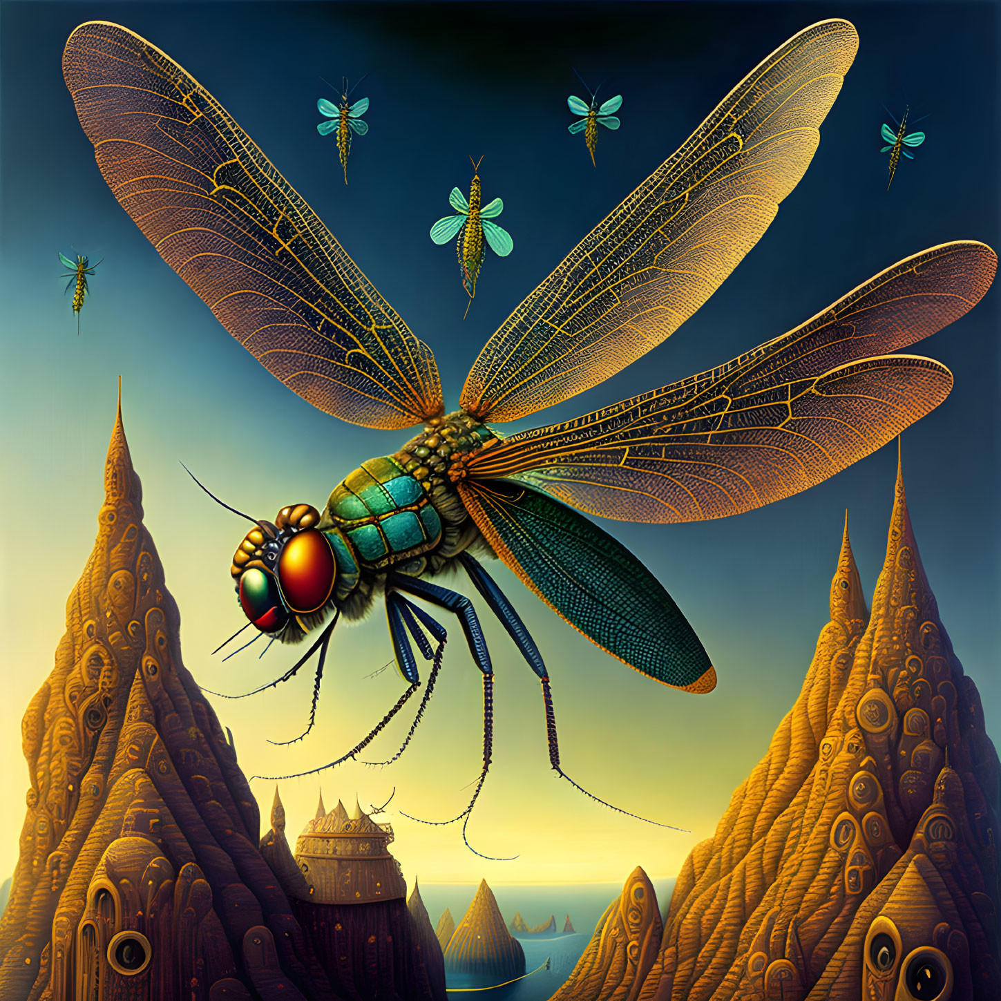 Colorful Oversized Dragonfly in Surreal Landscape with Insects