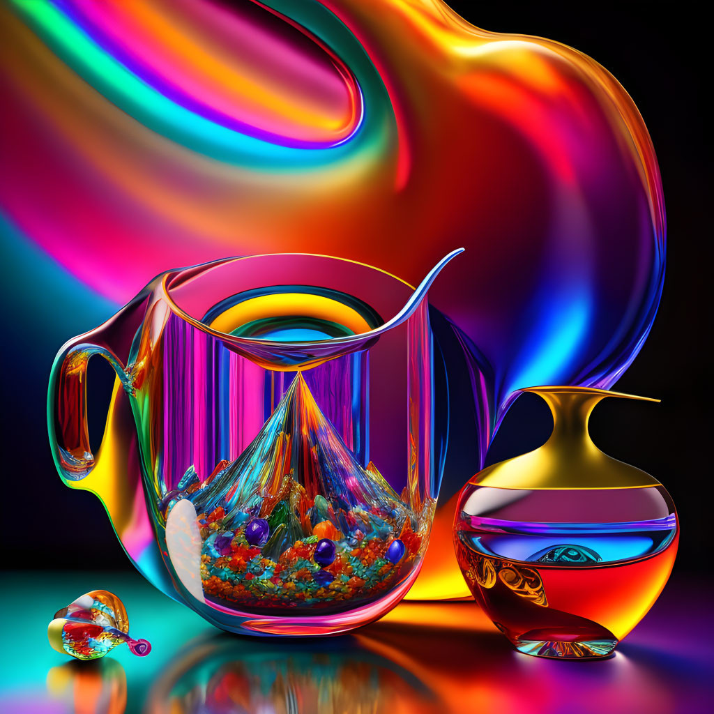 Vibrant surreal artwork: reflective glassware, swirling background, small snail