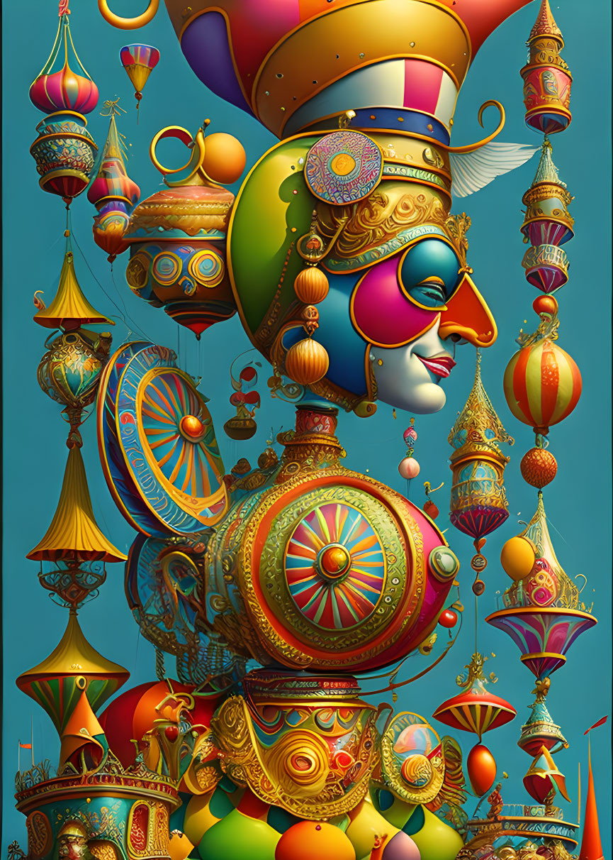 Colorful Ornate Figure with Intricate Decorations and Whimsical Shapes