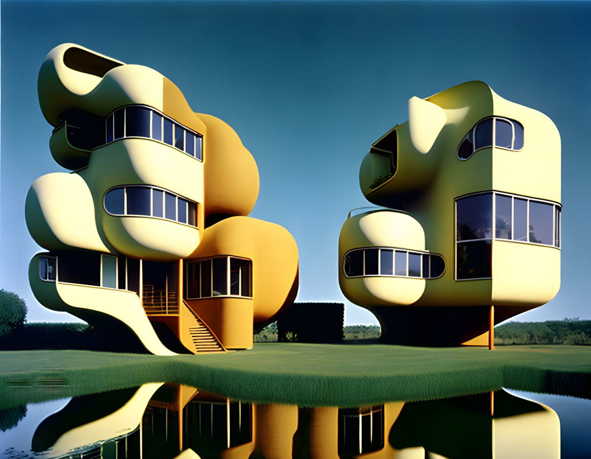 Futuristic yellow biomorphic buildings by calm water