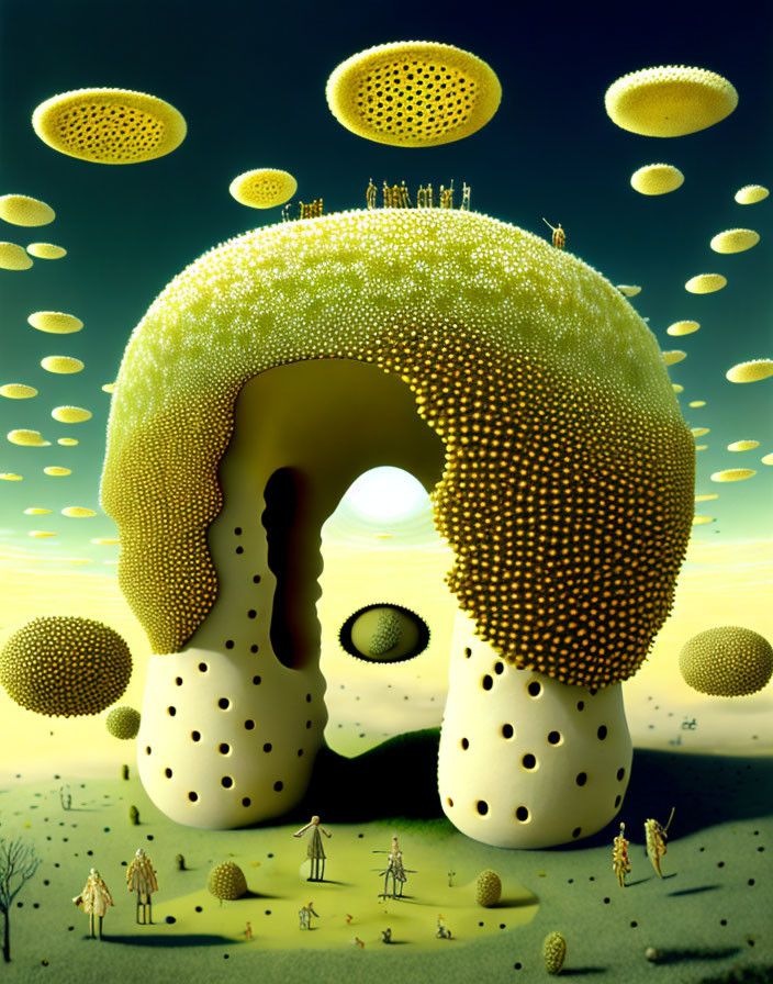 Surreal landscape with large mushroom structure under night sky