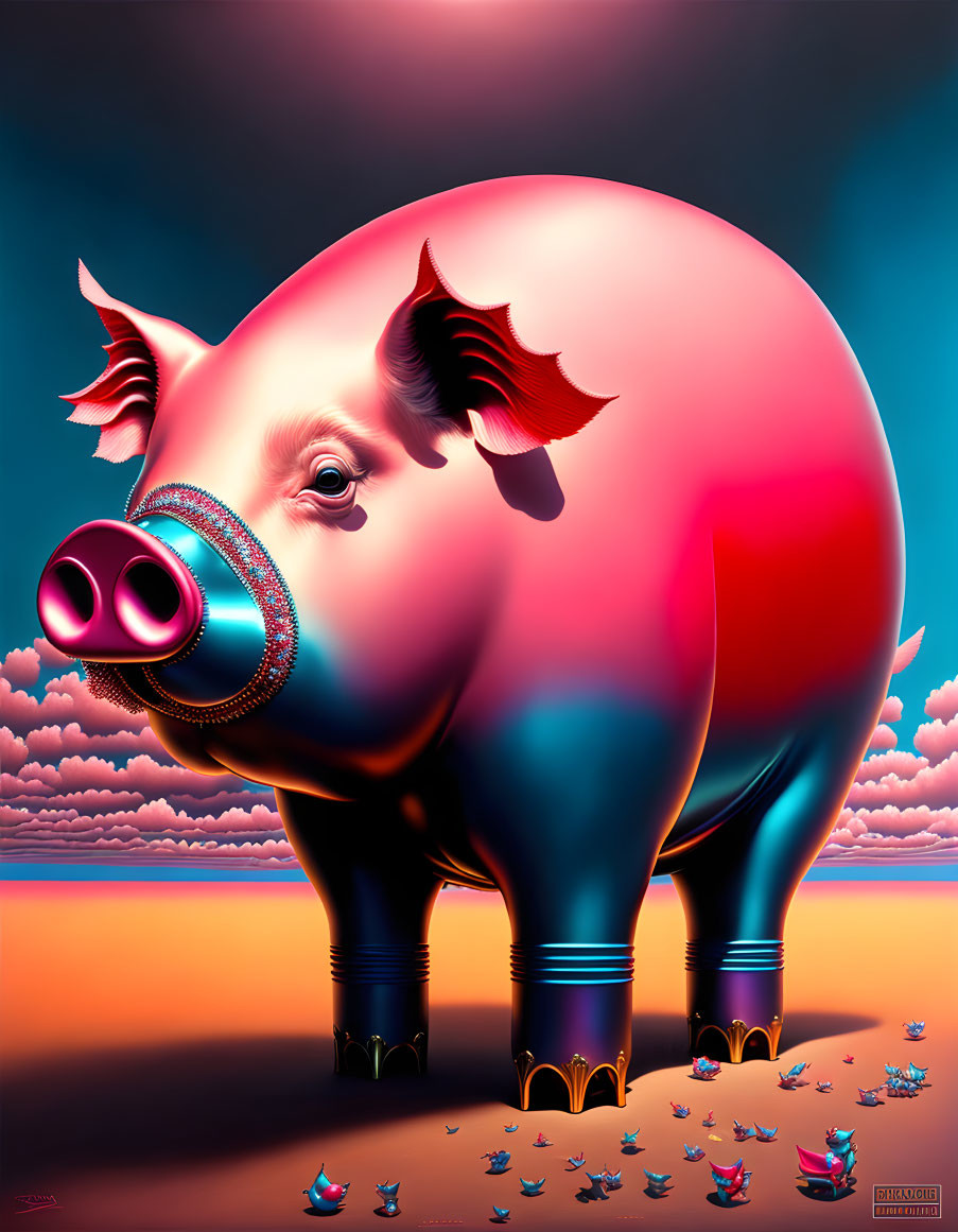 Oversized glossy pink pig under surreal pink and blue sky