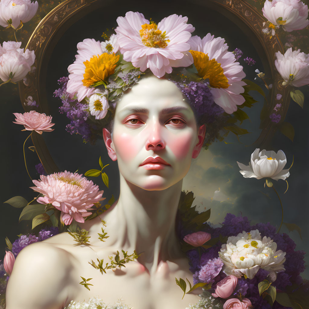 Portrait of person with serene expression surrounded by blooming flowers on grey background