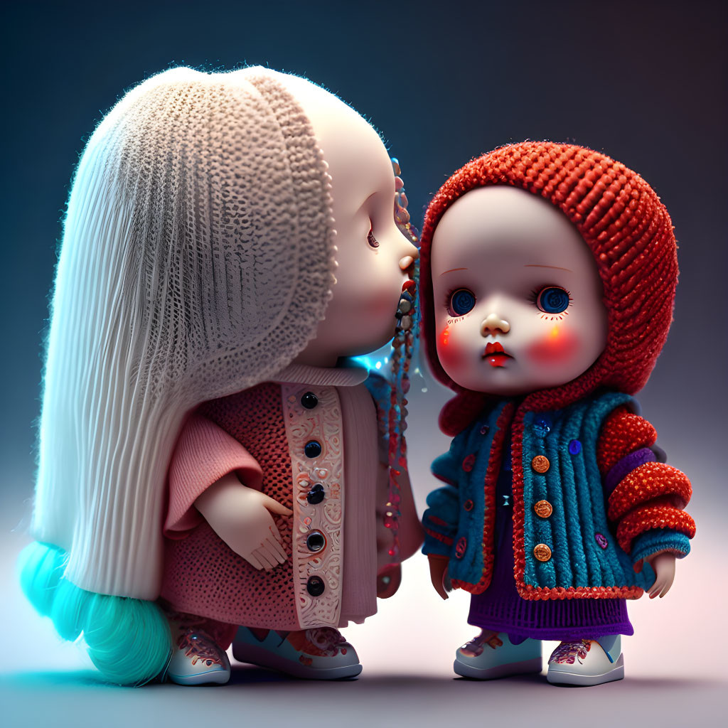 Stylized CG-rendered toddler characters with large heads and knit hats on gradient background