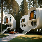 Pod-Shaped Houses with Circular Windows Amid Pine Trees and Vintage Orange Car