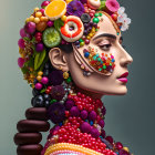 Vibrant artwork featuring woman adorned with colorful fruits, flowers, and candies