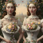 Vintage-style surreal female figures with floral headpieces and ruffled collars in front of floral backdrop