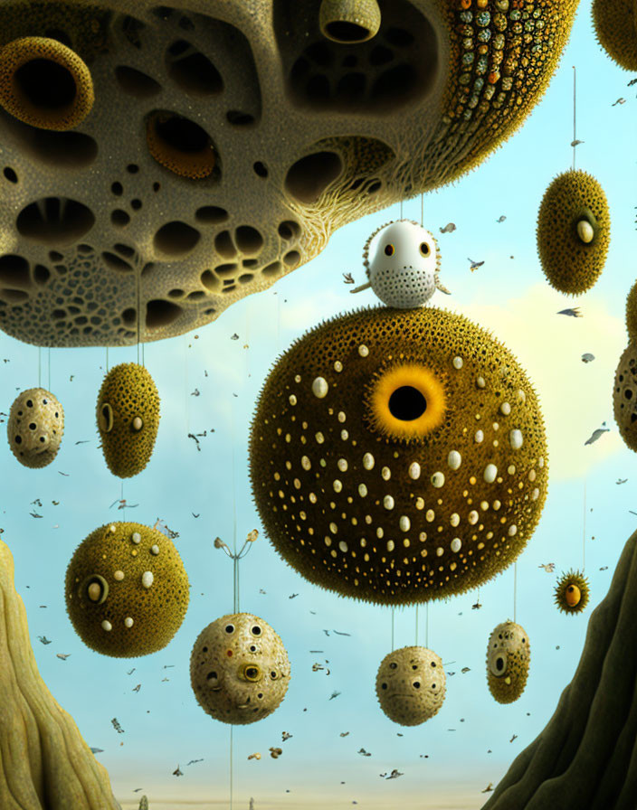 Surreal artwork: floating sponge-like spheres in blue sky with tiny figures.