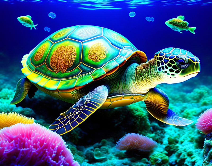 Colorful sea turtles and jellyfish in vibrant underwater scene