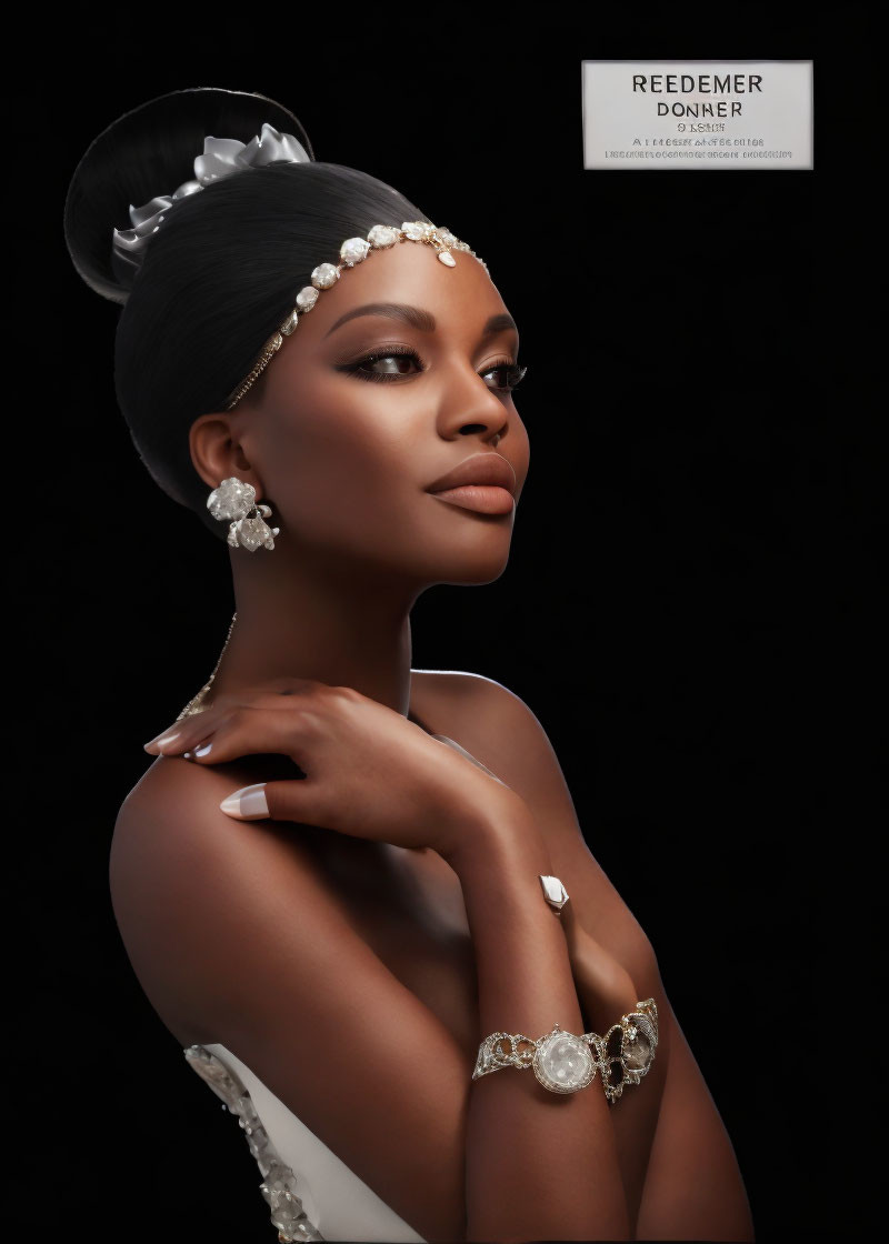 Sophisticated woman with pearl accessories in elegant pose on dark background