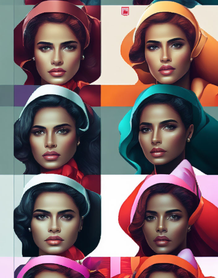 Stylized portraits of a woman with colorful headscarves and expressive eyes in 2x2