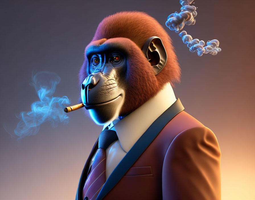 Colorful Mandrill in Suit with Cigar on Gradient Background