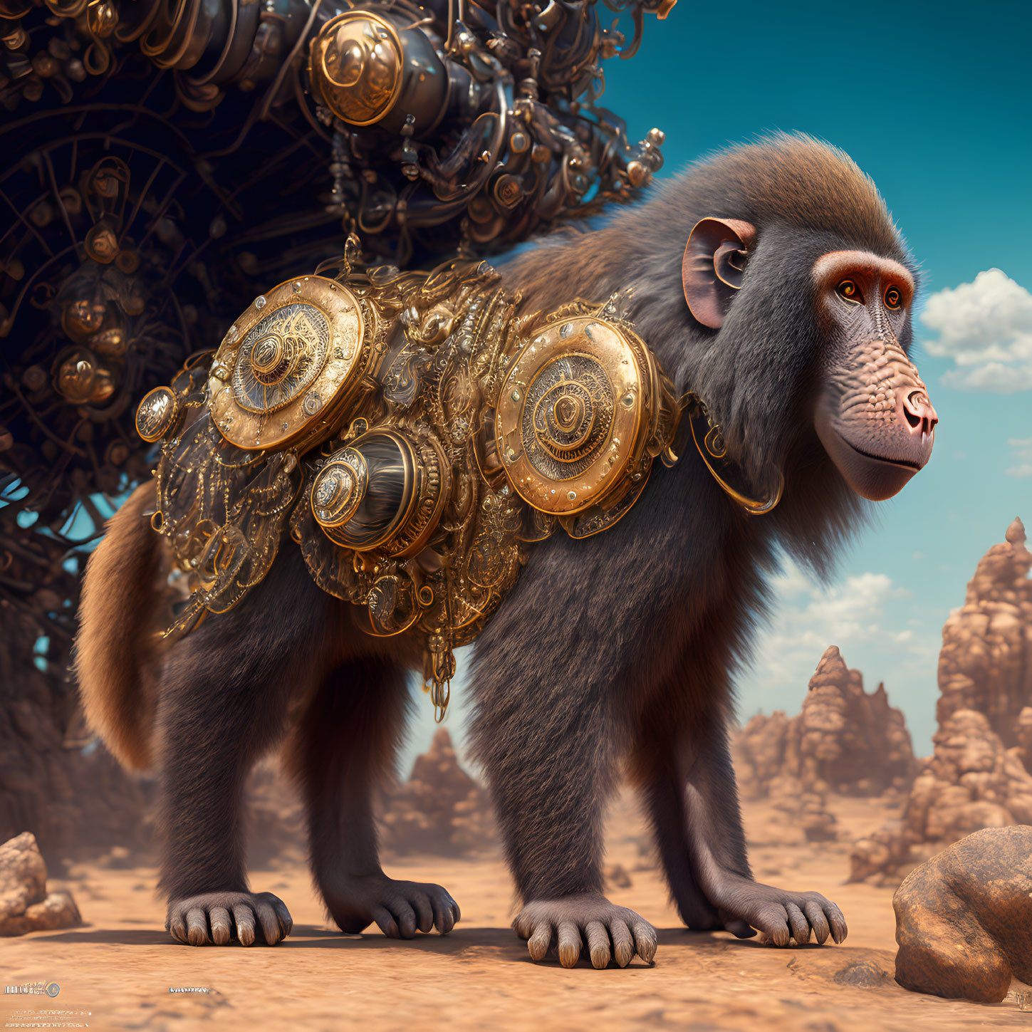 Steampunk-style baboon digital artwork in desert landscape