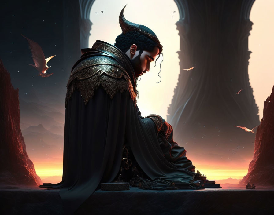 Fantasy illustration of horned figure in black cloak gazing at sunset