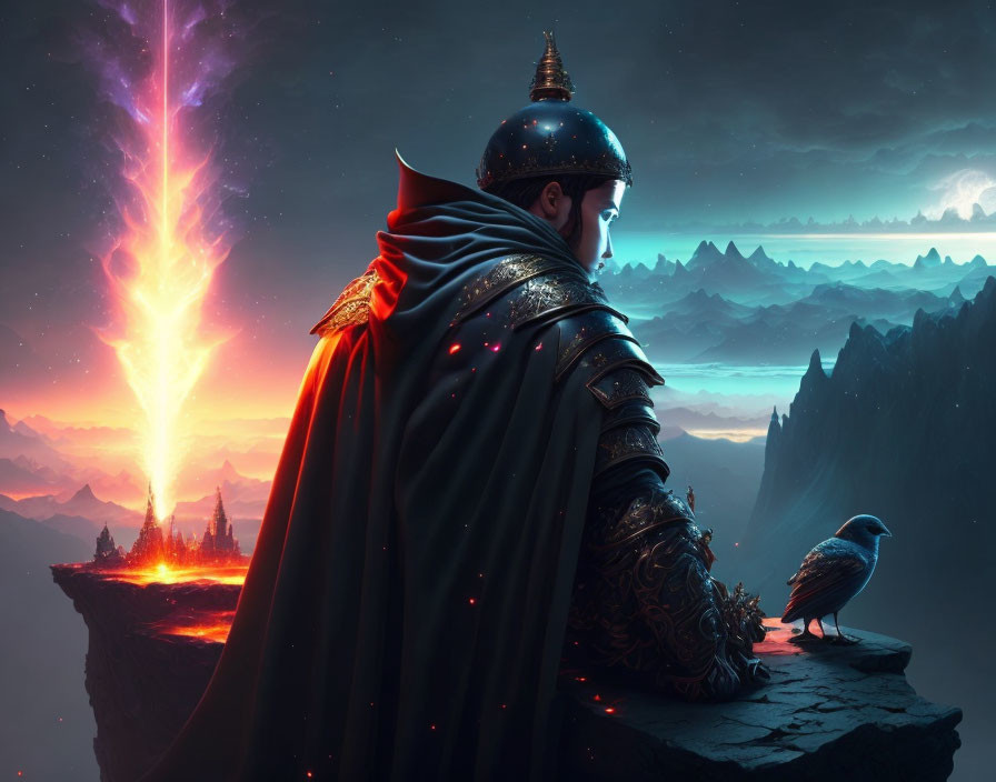 Knight in ornate armor gazes at raven on cliff with mystical light beam at night