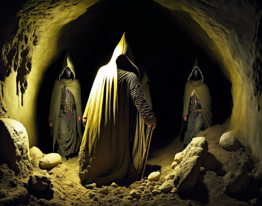 Three hooded figures in dimly lit cave with staff - mysterious ambiance