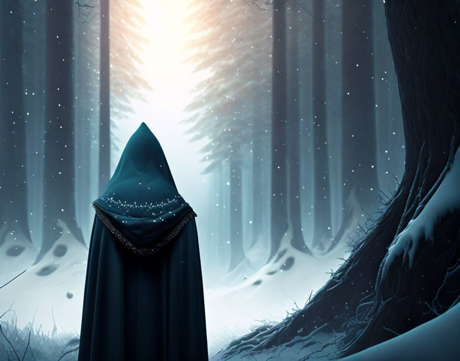 Cloaked figure in snowy forest with glowing light and falling snow.