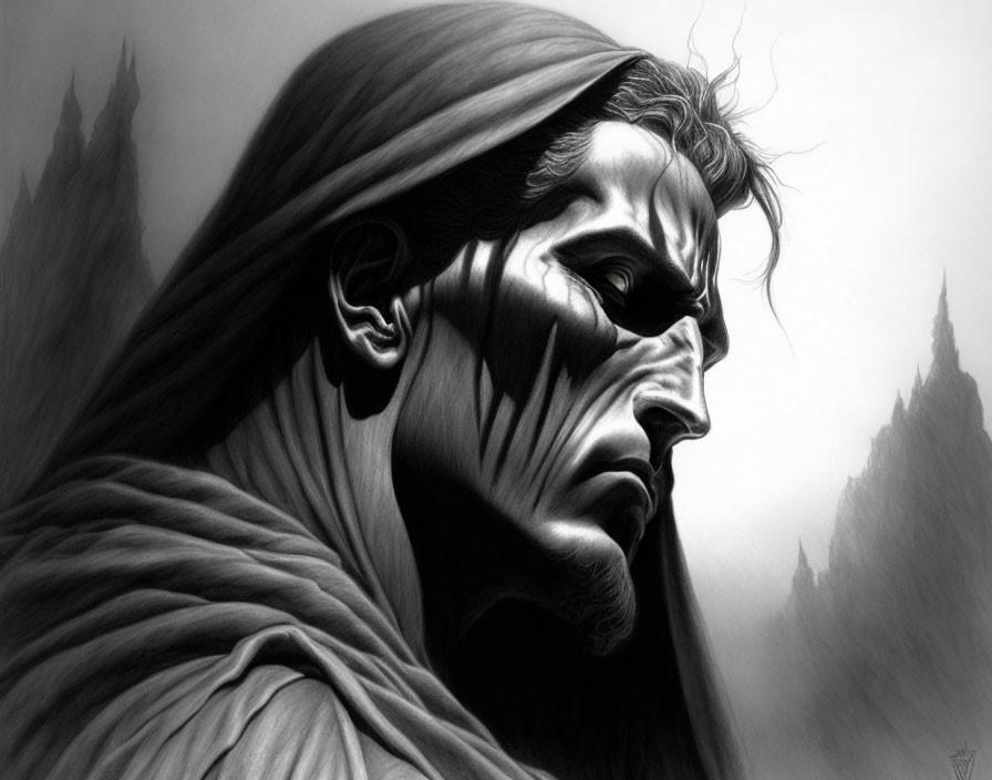 Monochrome illustration of brooding man with hood and castle backdrop