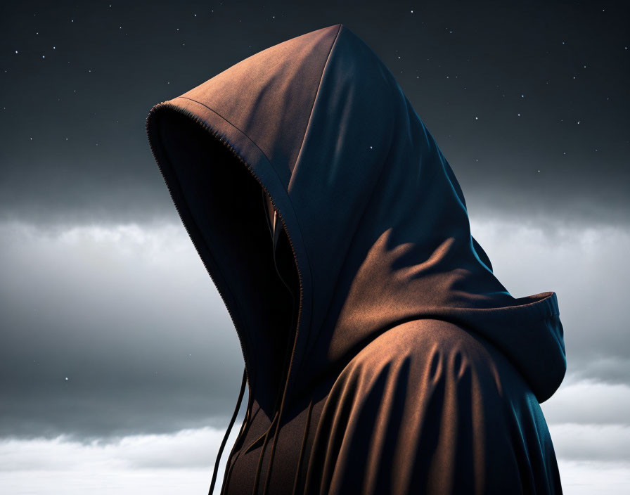 Hooded figure under starry night sky