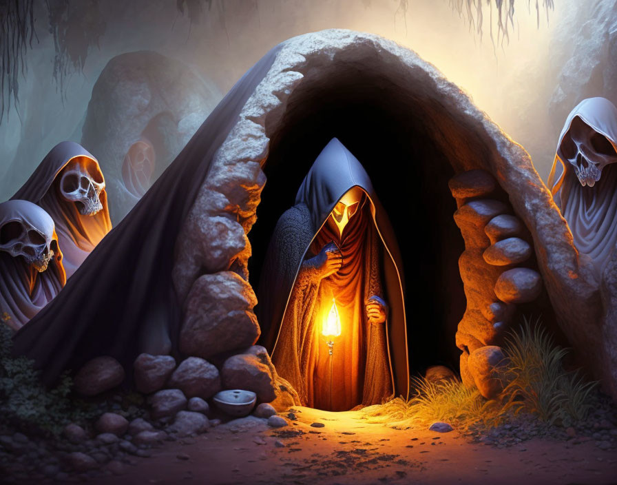 Hooded Figure with Lantern at Cave Entrance