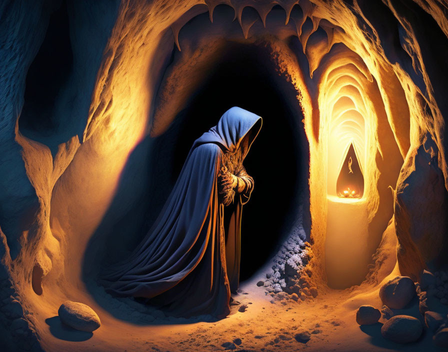 Cloaked figure in glowing ice cave with staff and flame