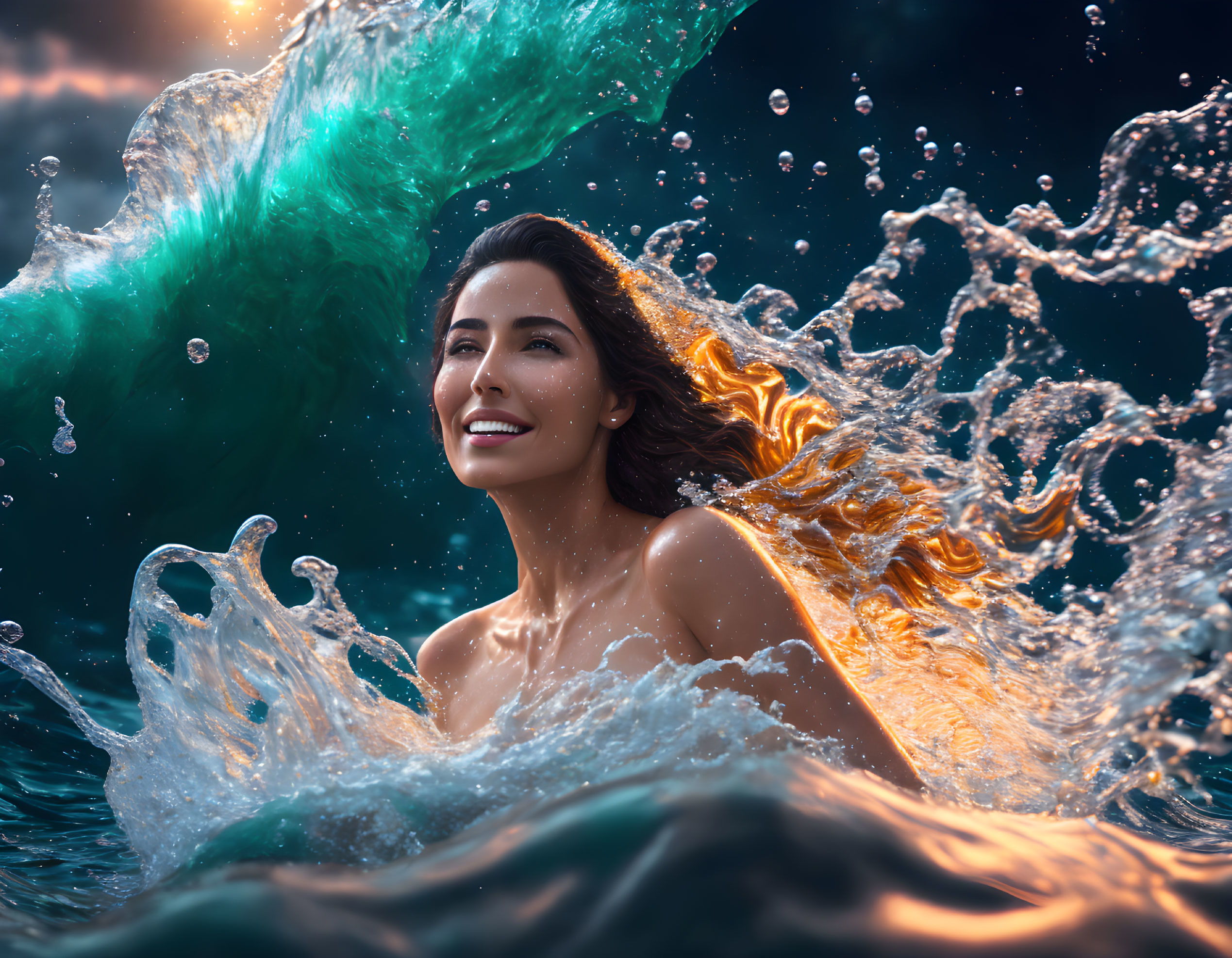 Woman with flowing hair emerges from water at dusk with dynamic splash waves