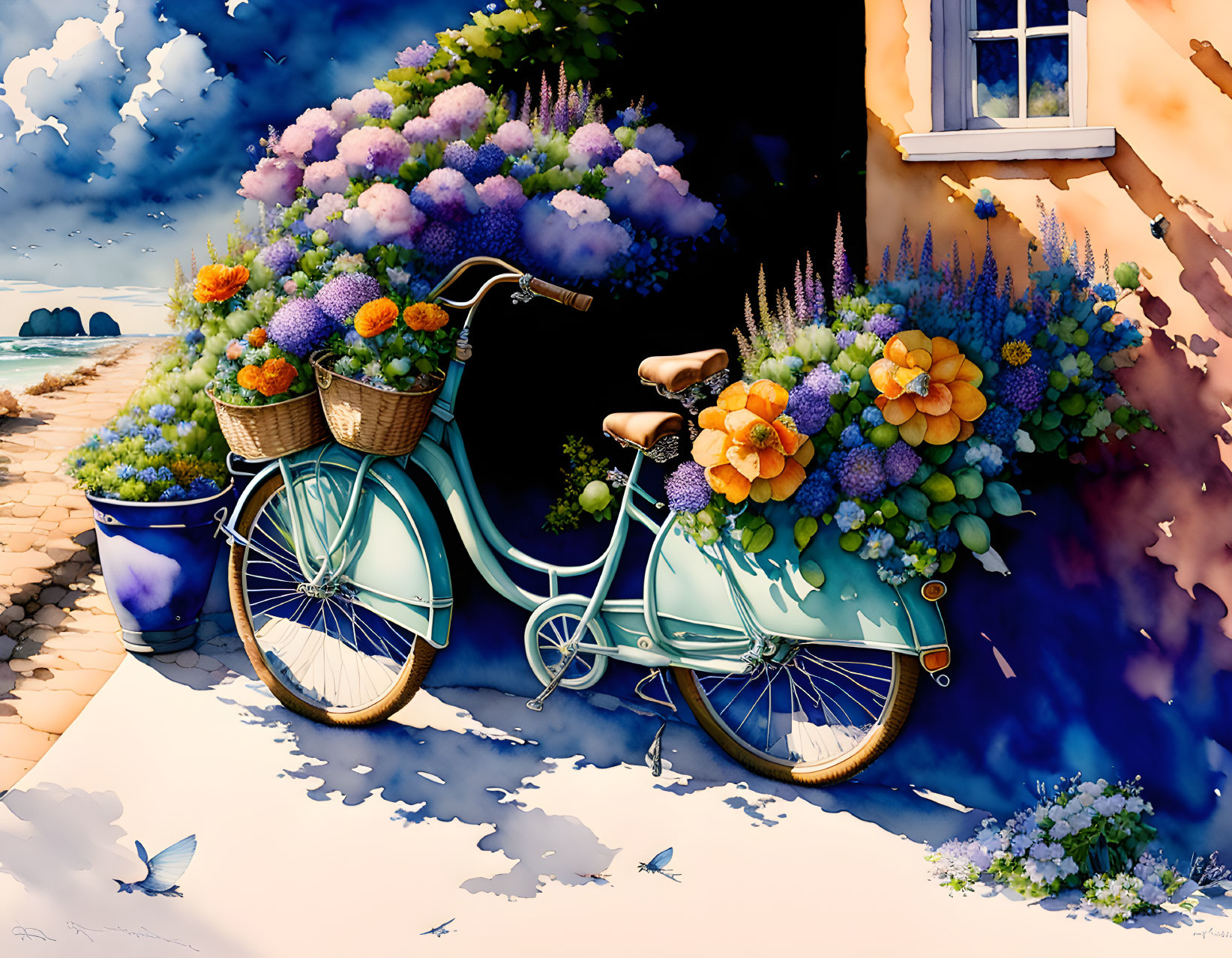 Colorful vintage bicycle with flower baskets by sunny wall & butterflies