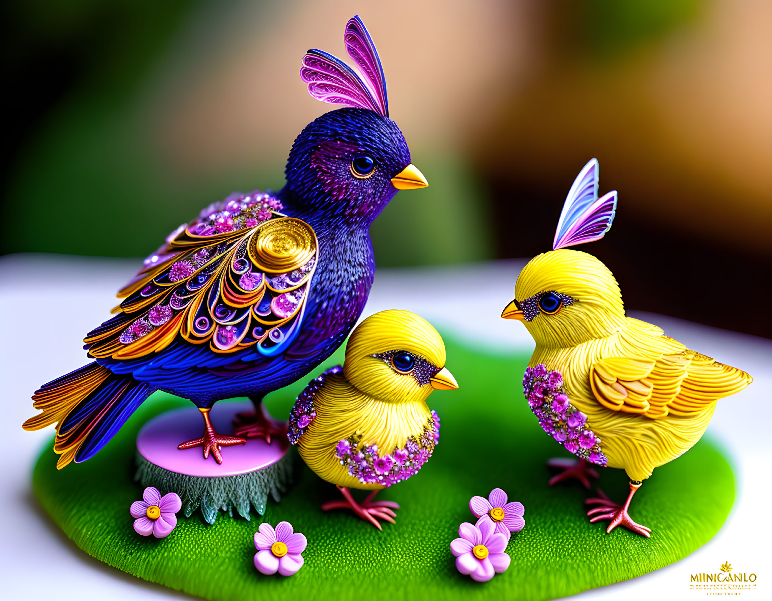 Colorful digital artwork: Purple and yellow bird on green leaf with pink flowers