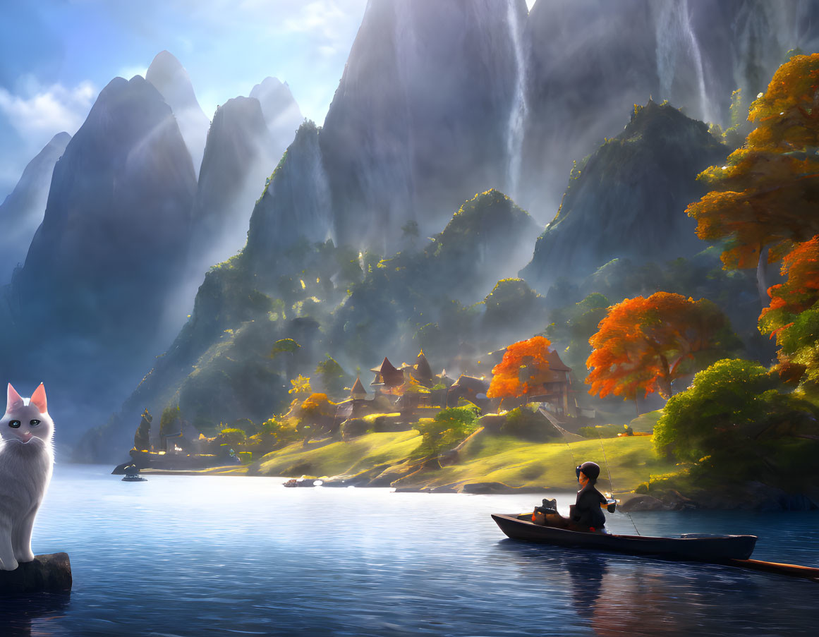 White cat on ledge with rowboat on water, autumn trees, misty waterfalls, towering cliffs