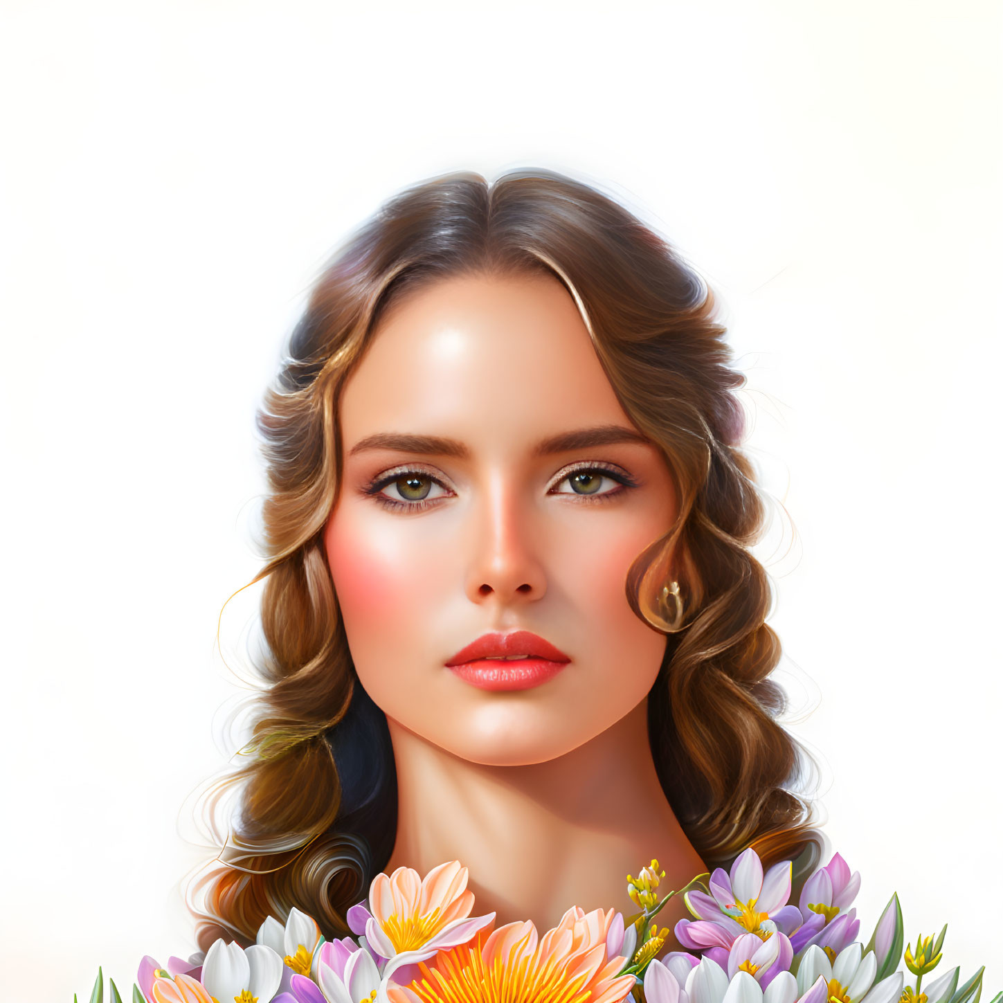 Detailed Illustration of Woman with Wavy Hair and Gold Earrings Among Colorful Flowers