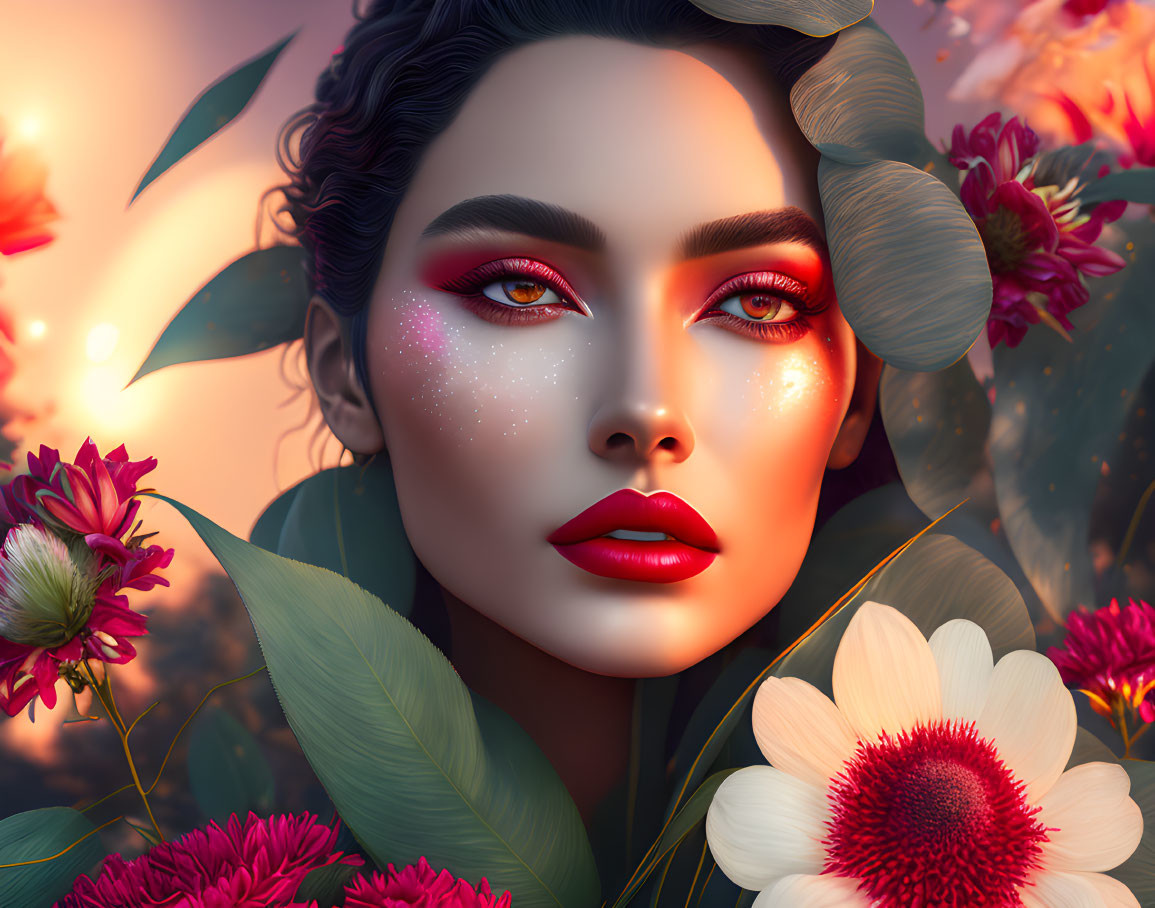 Vibrant flower-themed illustration of a woman with red makeup in mystical sunset setting