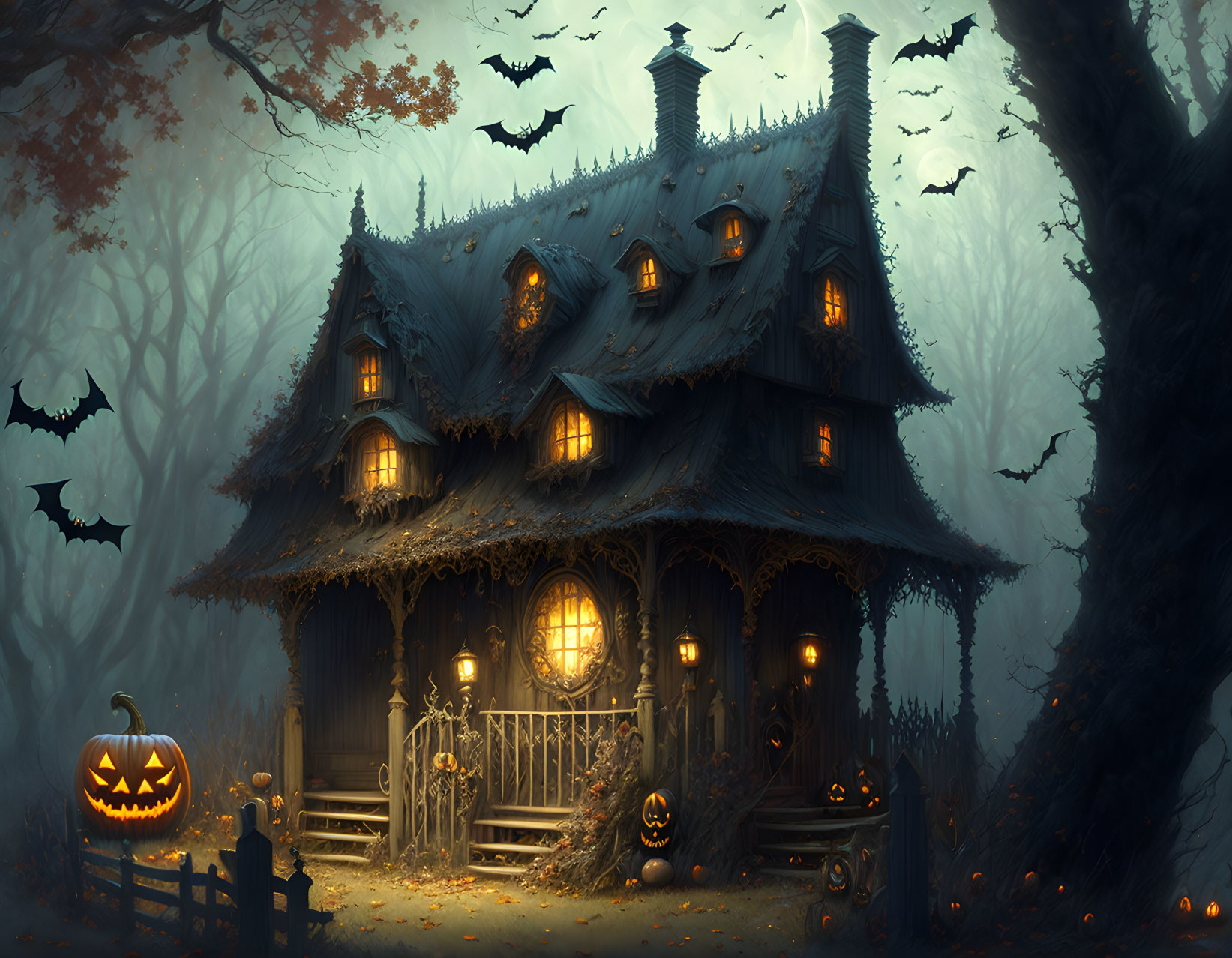 Eerie haunted house with jack-o'-lanterns, bats, and spooky forest setting