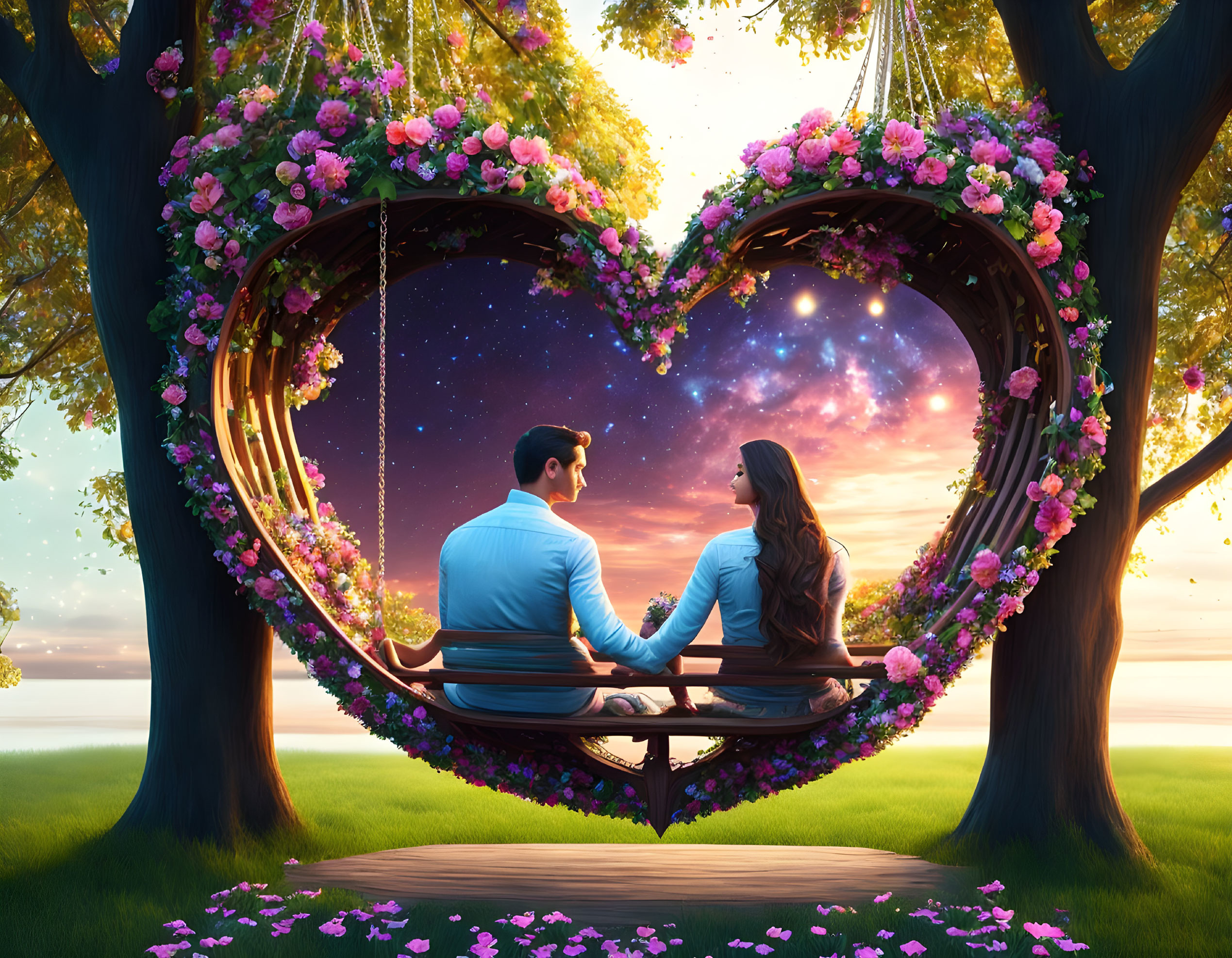 Couple on Heart-Shaped Swing Under Starry Sky