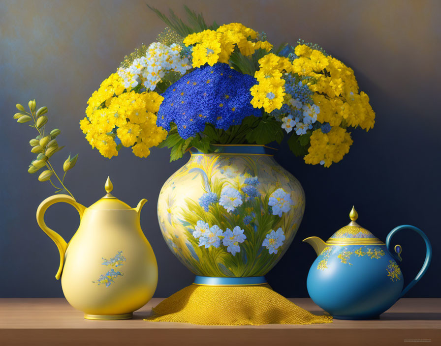 Vibrant yellow and blue flower bouquet with teapots on wooden surface