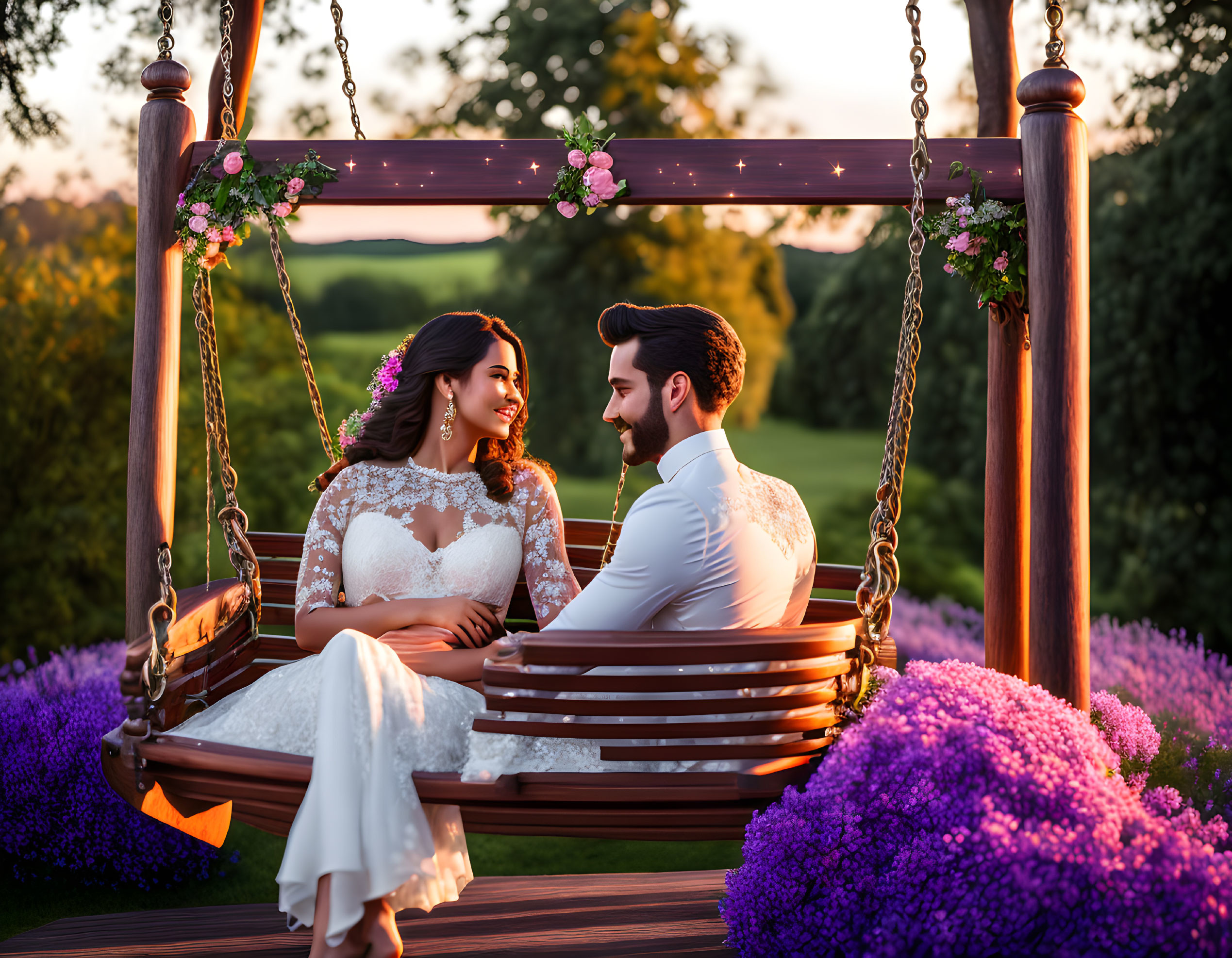 Wedding couple on flower-adorned swing at sunset