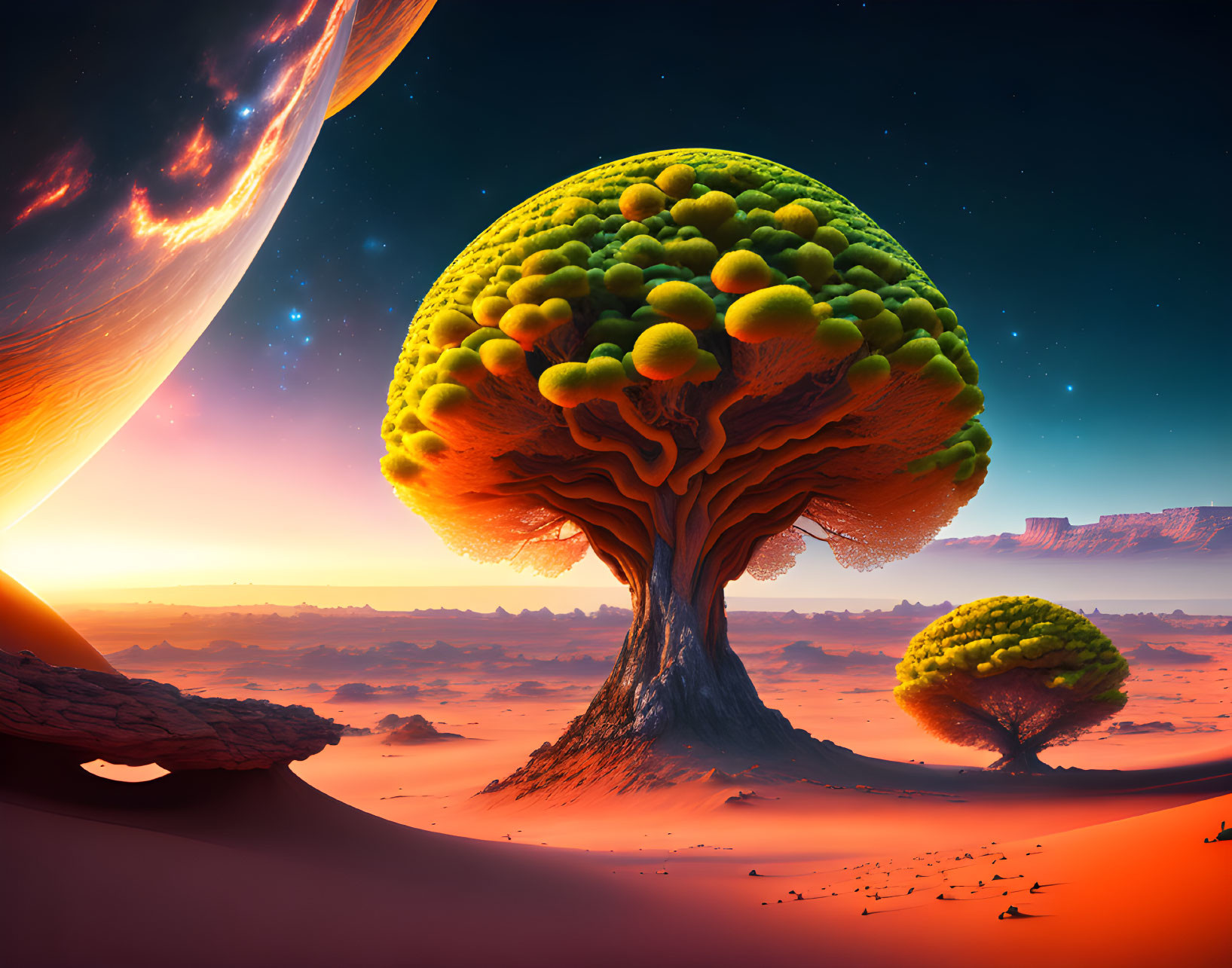 Surreal landscape with oversized trees and alien sky planet at sunset